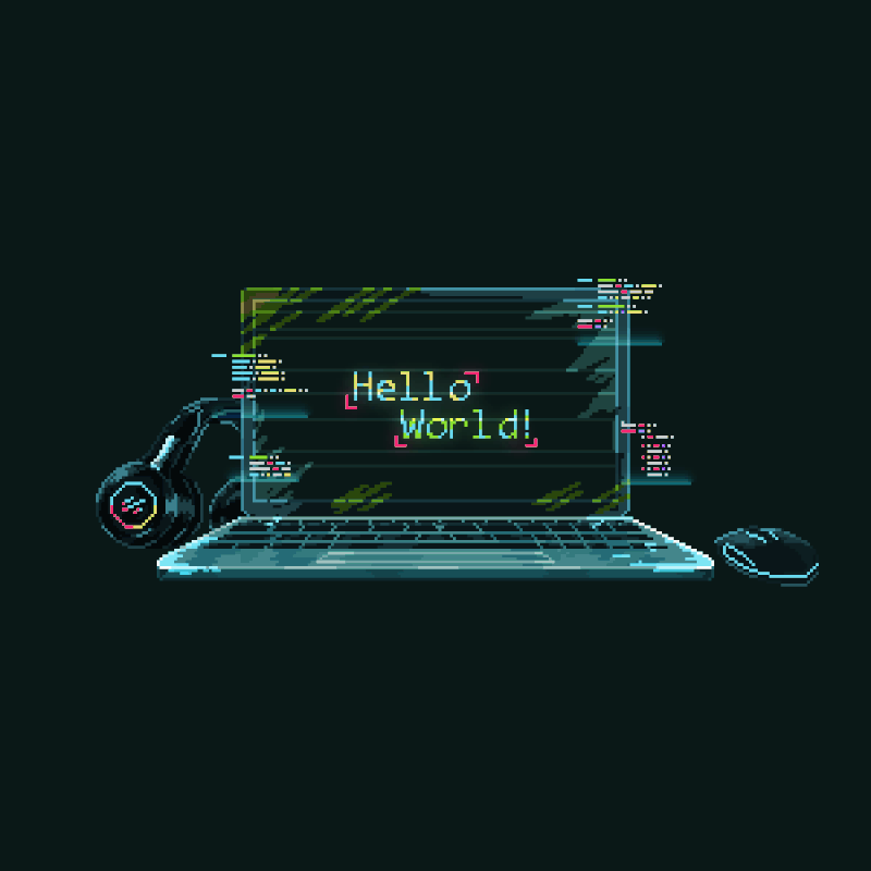 Illustration pixel art : un ordinateur portable affichant Hello World